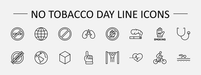 International No Tobacco Day Set Line Vector Icons. Contains such Icons as Lungs, Cigars, Cigarettes, Smoking, Globe, smoking Cessation and more. Editable Stroke 32x32 Pixels - obrazy, fototapety, plakaty