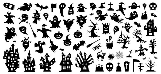 Set of silhouettes of Halloween on a white background. Vector illustration.Печать