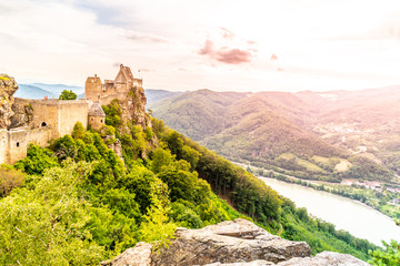 Fototapeta na wymiar Aggstein Castle ruins above Danube River in Wachau Valley, Austria. Sunset time