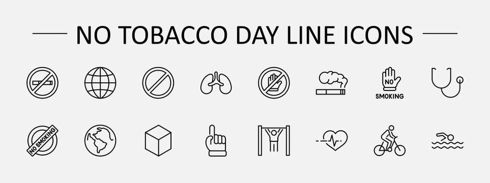 International No Tobacco Day Set Line Vector Icons. Contains such Icons as Lungs, Cigars, Cigarettes, Smoking, Globe, smoking Cessation and more. Editable Stroke 32x32 Pixels