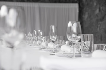 White banquet table setting. Serving for one person. Banquet table