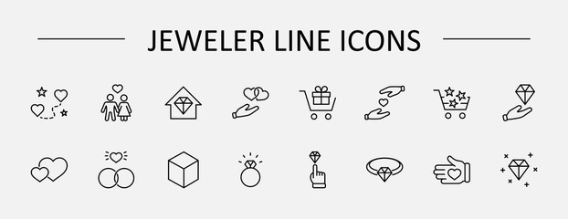 International Jeweler Day Set Line Vector Icons. Contains such Icons as Love, Heart, Hand, Family, Wedding Rings, Diamond, Jewelry store, Gift, Basket and more. Editable Stroke. 32x32 Pixel Perfect