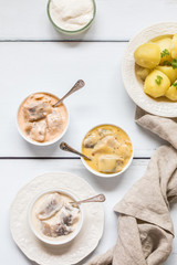 Pickled herring flat lay from above