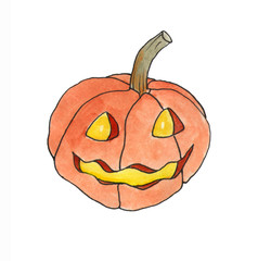 Halloween hand drawn illustration. Watercolor funny and friendly pumpkin Jack. Isolated on white background. Art element for design.