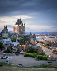 Fototapeta premium The Chateau Frontenac in Quebec city and Terrace Dufferin in sunset. 