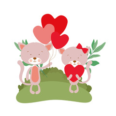 cute couple of cats with landscape background