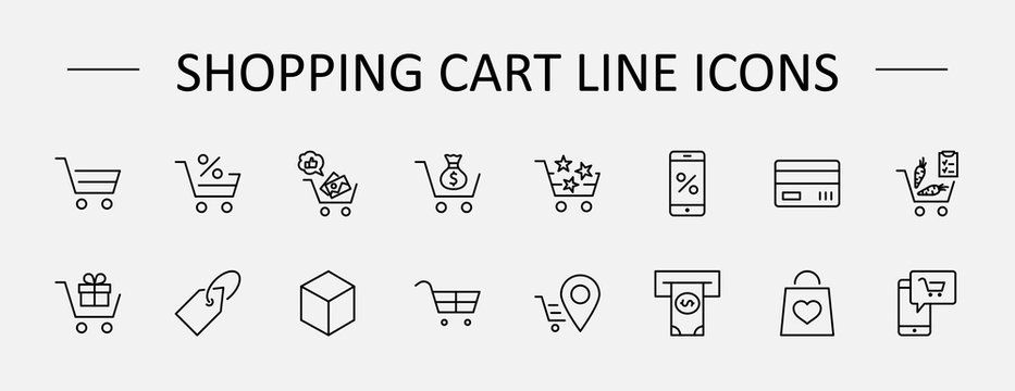 Shopping Cart Vector Line Icons Set: Money, ATM, List Products, Vegetables, Bank Card, Terminal, Bag, Favorite Shopping, Gifts, Express Checkout, Mobile Shop and more. Editable Stroke. 32x32 Pixel
