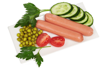 Snack with sausages, cucumber, tomatos and canned peas on white background, isolated