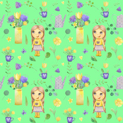 seamless pattern with cute watercolor illustration of girl and stylized flowers.