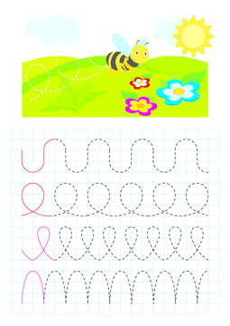 Educational game. Printable worksheet for kids. Handwriting practice sheet. Writing training. Bee theme activity.