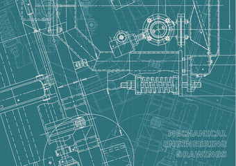 Blueprint, Sketch. Vector engineering illustration. Cover, flyer, banner, background. Instrument-making drawings. Mechanical engineering drawing. Technical illustrations, backgrounds. Scheme, plan