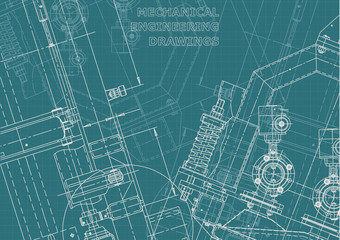 Blueprint, Sketch. Vector engineering illustration. Cover, flyer, banner, background. Instrument-making drawings. Mechanical engineering drawing. Technical illustrations, backgrounds. Scheme, plan