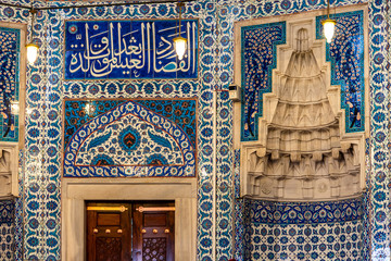 Islamic decoration with blue tiles inside mosque