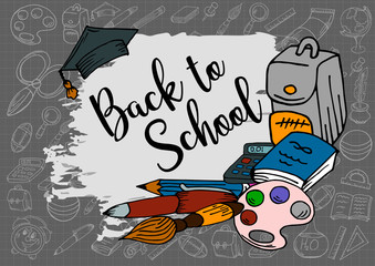Sale, action. Welcome back to school. Design poster, banner, flyer. School supplies