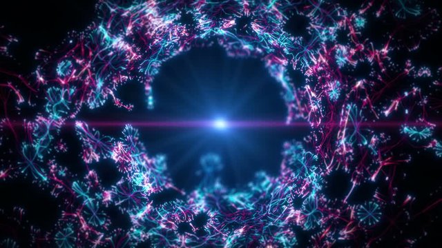 Visual representation flying through abstract digital tunnel funnel artificial intelligence neural network. This animation can be used for visuals, vj, light presentations or as motion background loop