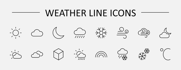 Set of Weather vector line icons. Contains symbols of the sun, clouds, snowflakes, wind, rainbow, moon and much more. Editable Stroke. 32x32 pixels.