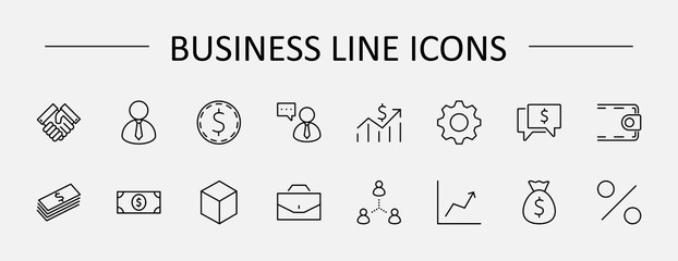 Set of Business vector line icons. It contains symbols of a handshake, a user, dollar pictograms, gears, a briefcase, a bag of money, a schedule and much more. Editable Stroke. 32x32 pixels.