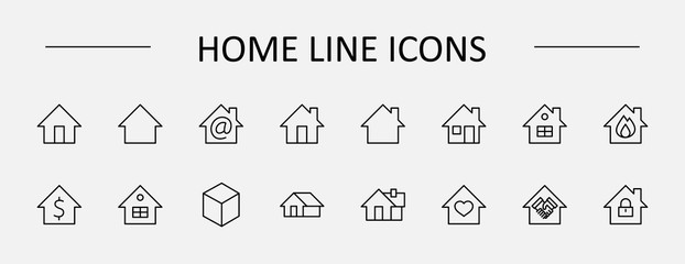 Set of House vector Home line icons. Contains symbols of the conclusion of the contract, heart, a drop of water, fire, money and many other things. Editable Stroke. 32x32 pixels.