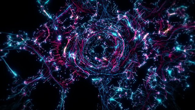 Visual representation flying through abstract digital tunnel funnel artificial intelligence neural network. This animation can be used for visuals, vj, light presentations or as motion background loop