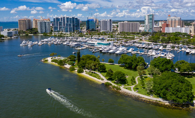 Drone view of Marina Jack from Bayfront park looking North and East with the Sarasota high rise...