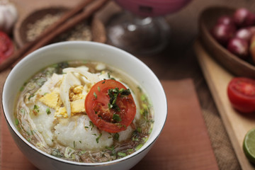 Bubur Ayam or Indonesian Chicken Porridge with Soup