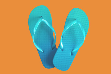 Green flip flops isolated on orange background. Top view