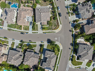 Aerial view suburban neighborhood with  big villas next to each other in Black Mountain, San Diego, California, USA. Aerial view of residential modern subdivision luxury house.