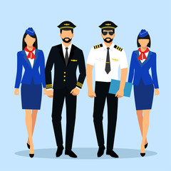 Illustration of stewardess dressed in blue uniform. Flight attendant and a pilot isolated on a white background. vector illustration - obrazy, fototapety, plakaty