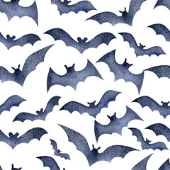 Seamless bat pattern for Halloween on white watercolor background. Decoration for the autumn holiday. Mystical, fabulous, fun style. Bright background for packaging, textiles,