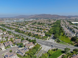 Aerial view suburban neighborhood with  big villas next to each other in Black Mountain, San Diego, California, USA. Aerial view of residential modern subdivision luxury house.