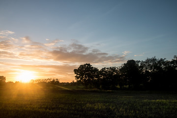 sunset over the field in countryside background