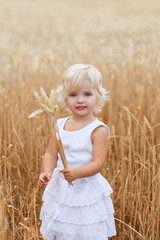 Naklejka na ściany i meble Portrait of handsome blond girl with blue eyes, face close up at summer time, in the wheat field. Cute little girl in the summer field of wheat. A child with a bouquet of wheat in his hands
