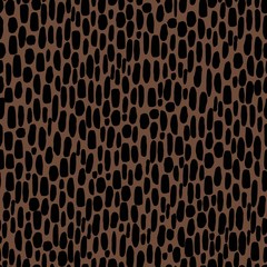 Abstract animal skin seamless repeat pattern with oblong oval black shapes, spots on a brown background