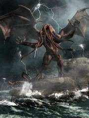 Cthulhu, the great old one of H. P. Lovecraft's mythos stands on rocks in a stormy sea highlighted by lightning. 3D Rendering
