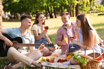 Young people enjoying picnic in park on summer day