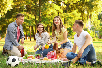 Young people enjoying picnic in park on summer day