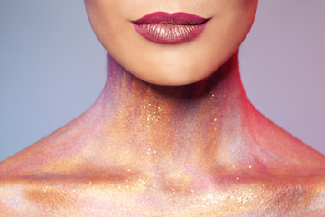 Sexy young woman with glitter makeup on grey background, closeup