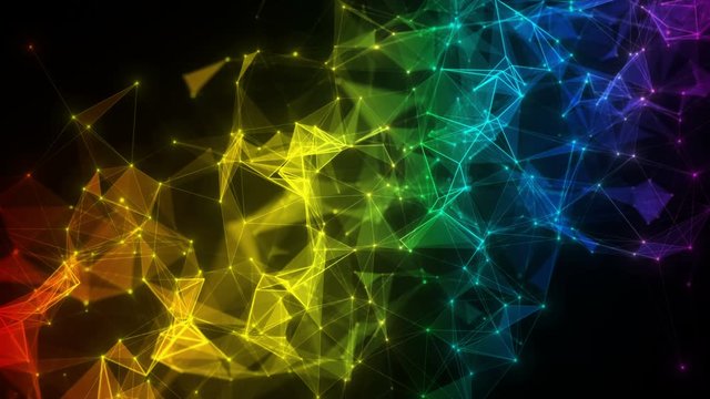 colorful iridescent rainbow abstract digital nodes and polygon connection paths within network or system of networks animation for visuals vj light presentations motion background Loop