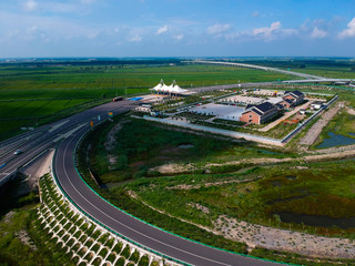 With blue sky as the background on the highway