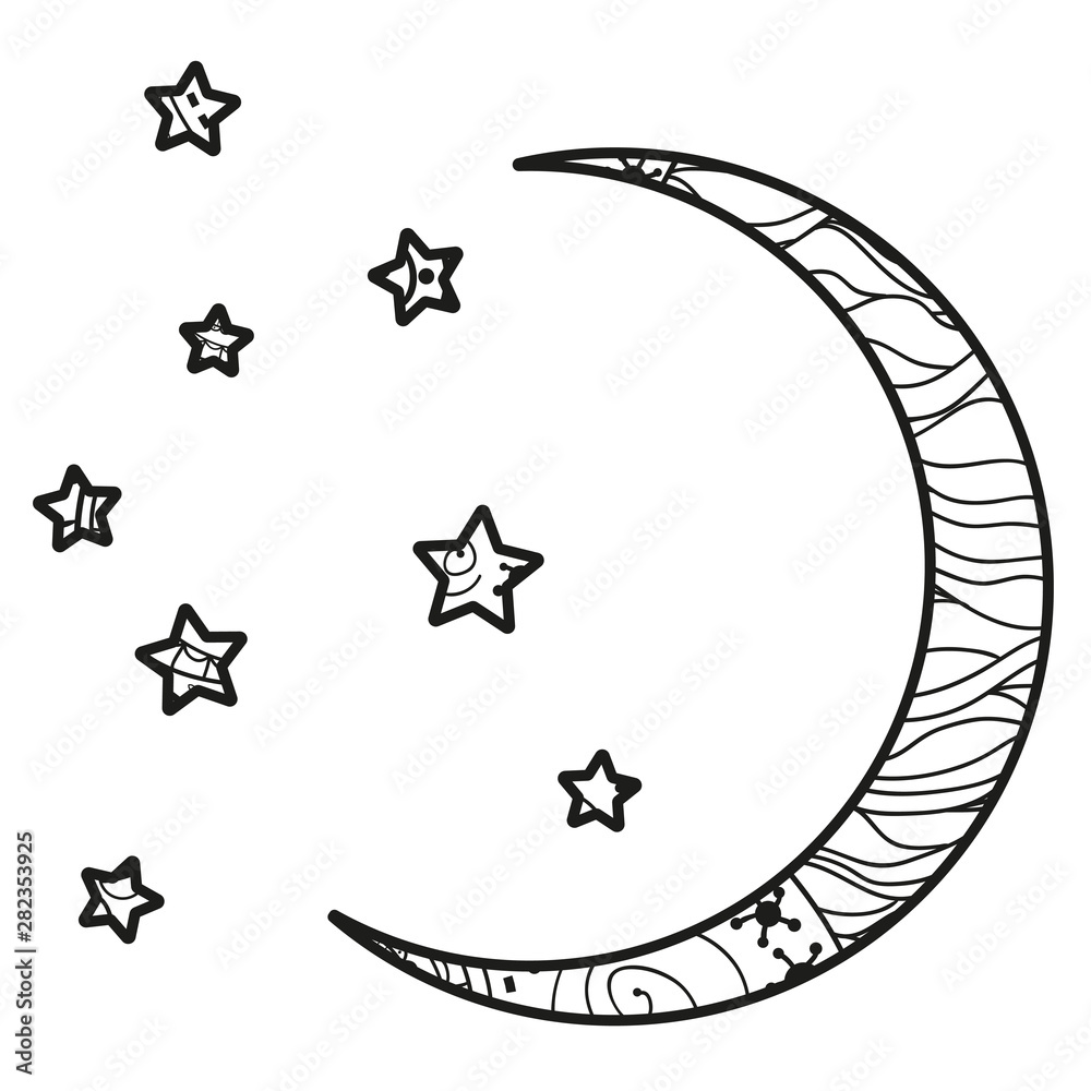 Sticker crescent moon with stars with abstract patterns on isolation background. design for spiritual relaxa