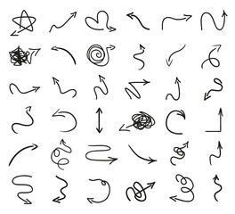 Infographic elements on isolated white background. Hand drawn simple arrows. Set of different pointers. Abstract indicators. Black and white illustration