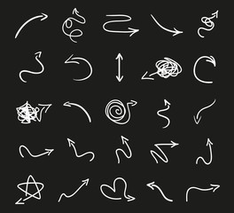 Infographic elements on isolated black background. Hand drawn wavy arrows. Line art. Set of different pointers. Abstract indicators. Black and white illustration