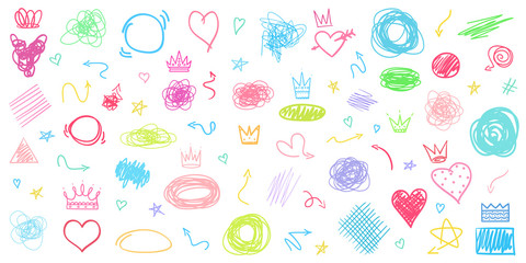 Hand drawn colorful signs on isolated white background. Abstract shapes and symbols. Sketchy elements for design