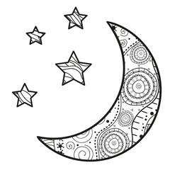 Crescent moon with stars with abstract patterns on isolation background. Design for spiritual relaxation for adults. Black and white illustration for anti stress colouring page