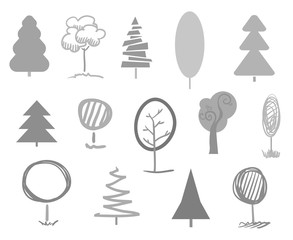 Monochrome trees and christmas trees on white. Decorative objects of nature for your design. Black and white illustration