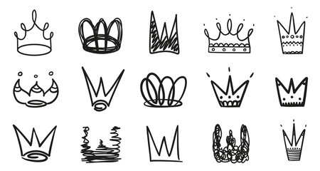 Monochrome crowns on isolated white. Hand drawn abstract symbols. Black and white illustration
