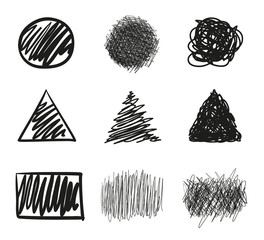 Hand drawn hatching shapes on isolated white background. Wavy tangled doodles. Black and white illustration