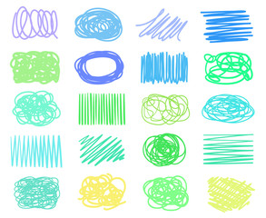 Multicolored hatching shapes with array of lines on white. Wavy samples. Hand drawn tangled patterns. Colorful illustration. Doodles for design