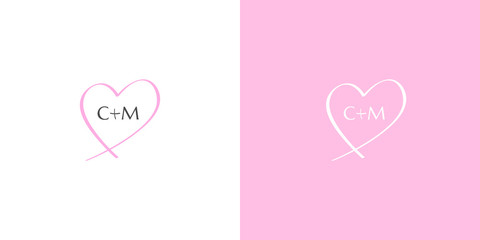 Wedding C M monogram in a hand-drawn pink heart