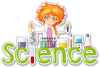 Word design for science with girl doing experiment
